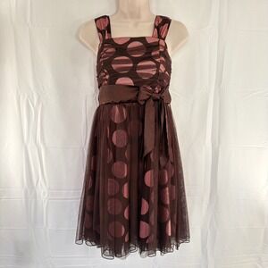 Brown and Pink Polka Dot Tulle Party Dress with Bow Square Neck Sleeveless